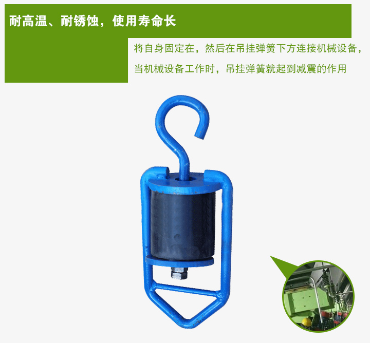 吊掛彈簧將自身固定在，然后在吊掛彈簧下方連接機械設備， 當機械設備工作時，吊掛彈簧就起到減震的作用
